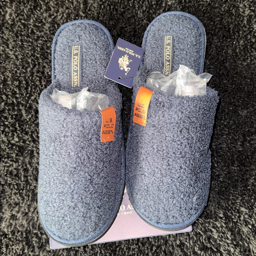 NWT U.S. Polo Assn. Slippers Men's L/11-12 Blue Slip-on House Shoes